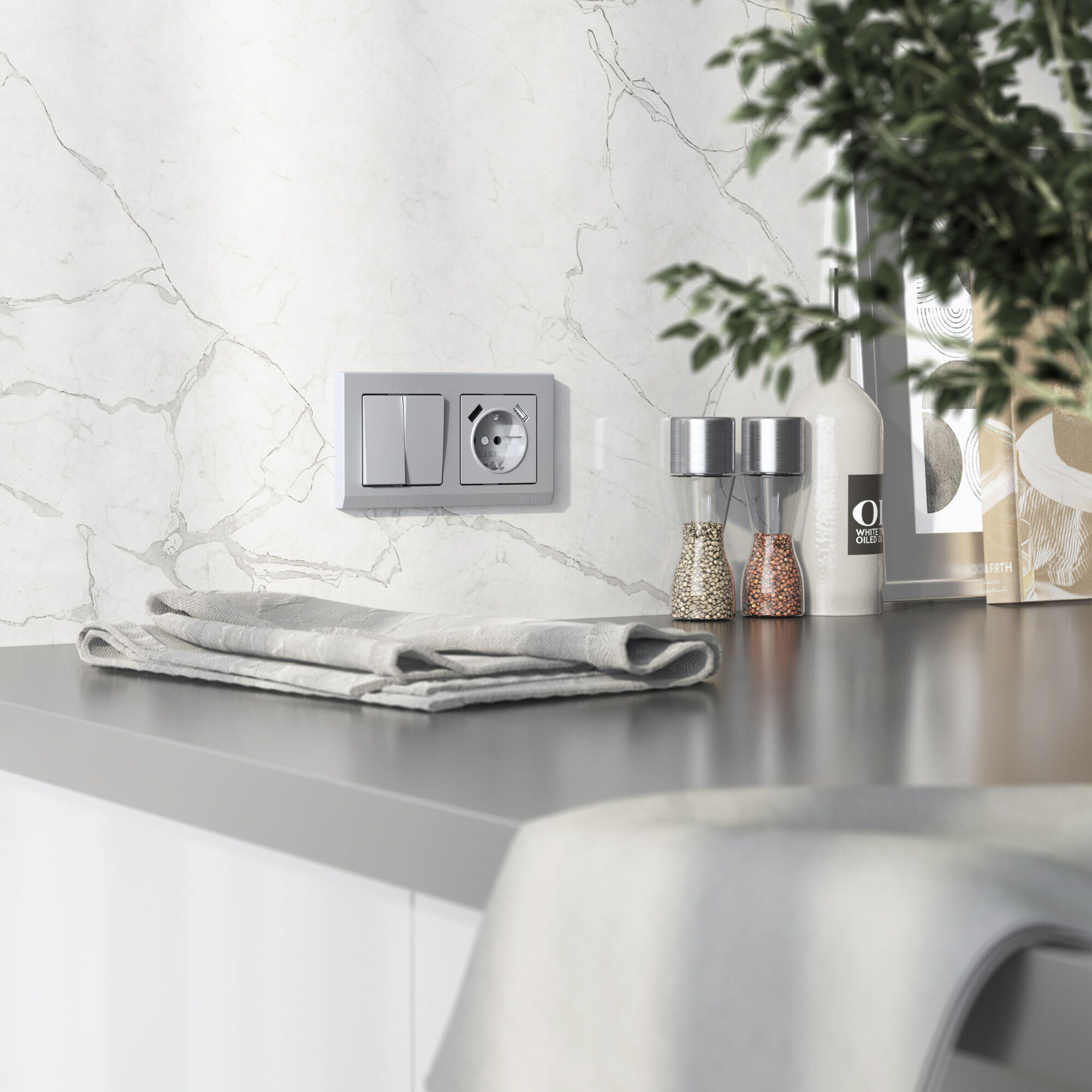 Выключатель двухклавишный проходной (серебряный матовый) Werkel