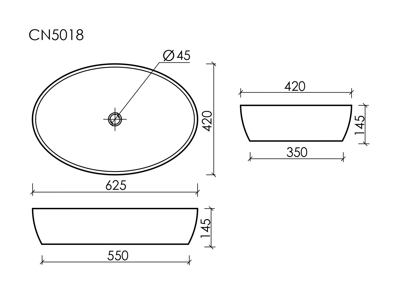 Умывальник чаша накладная овальная CN5018