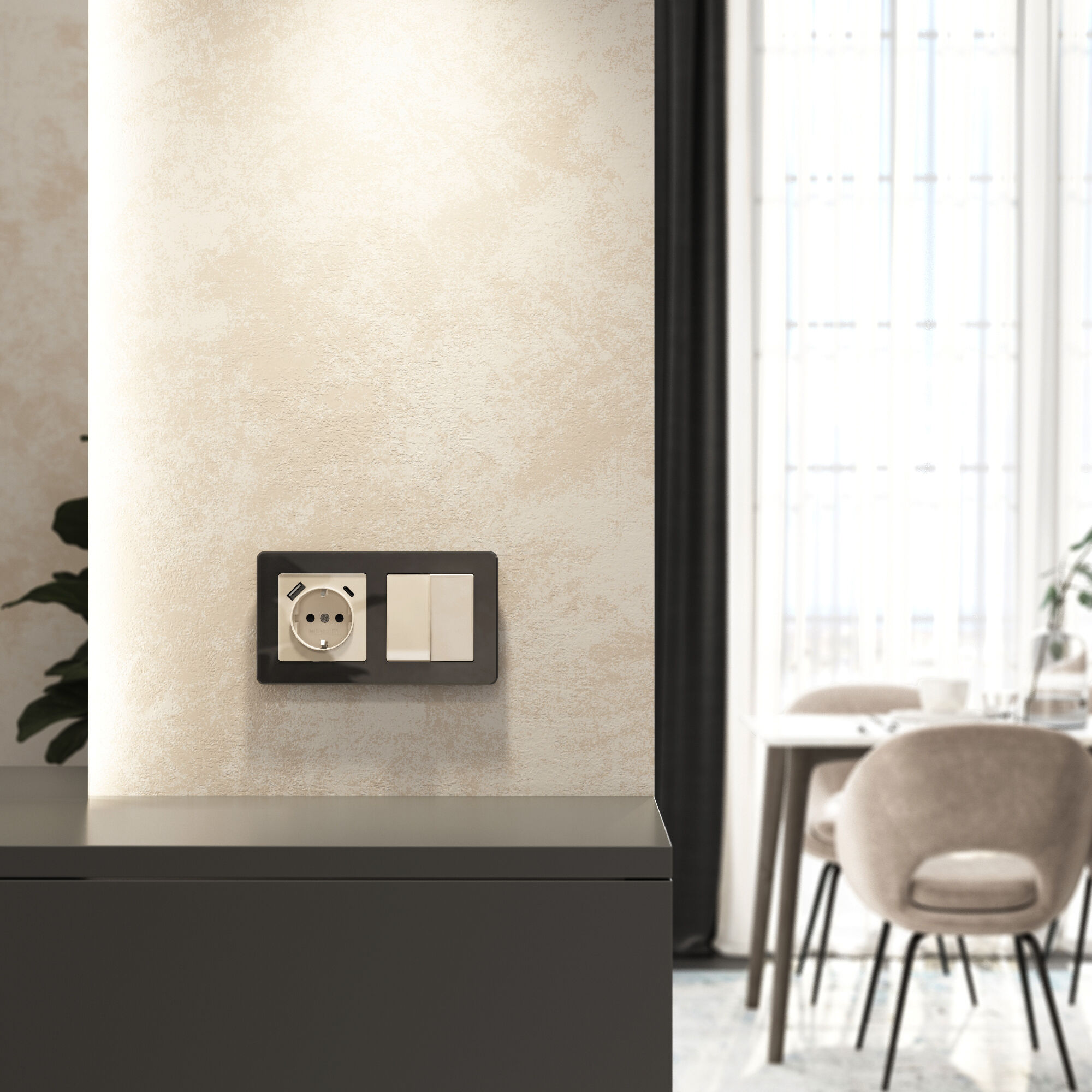 Розетка с заземлением, шторками и USB тип A+C (айвори акрил) Werkel