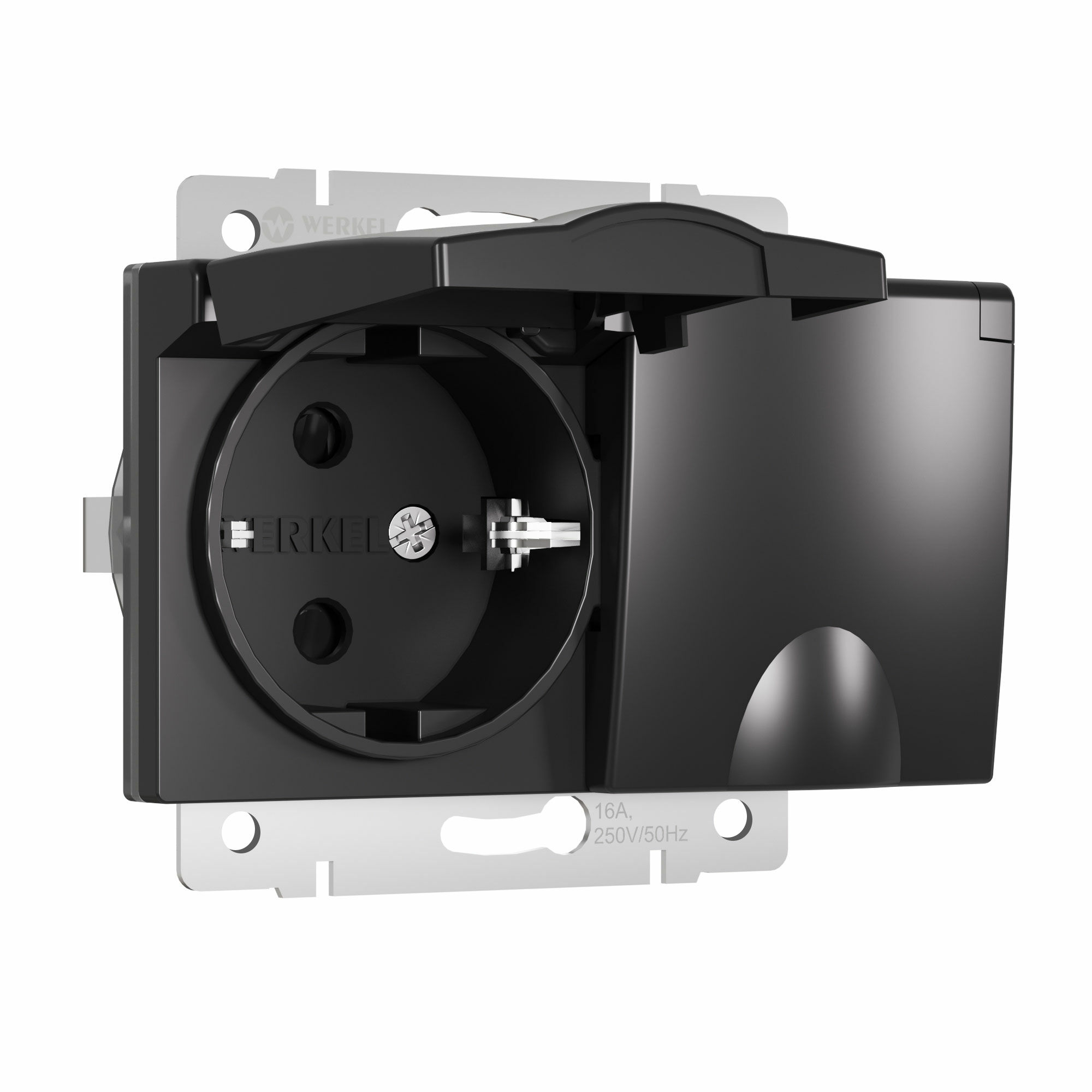 Розетка двойная влагозащ. с зазем. с защит. крышками и шторками (черный матовый) Werkel