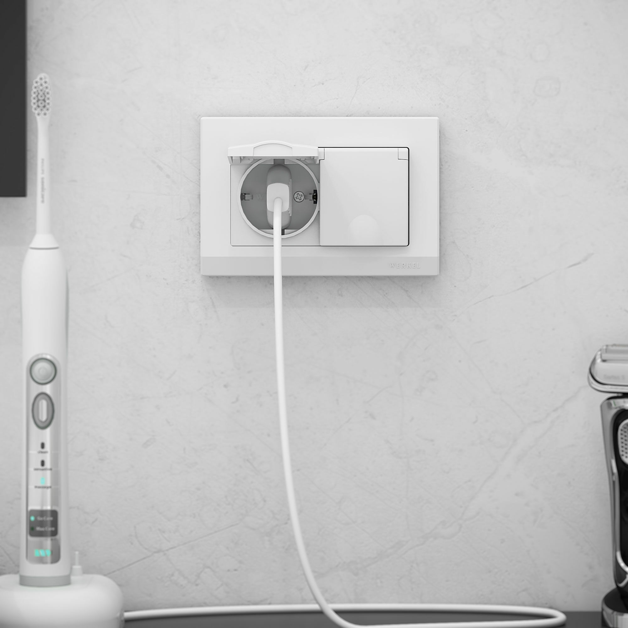 Розетка двойная влагозащ. с зазем. с защит. крышками и шторками (белый глянцевый) Werkel