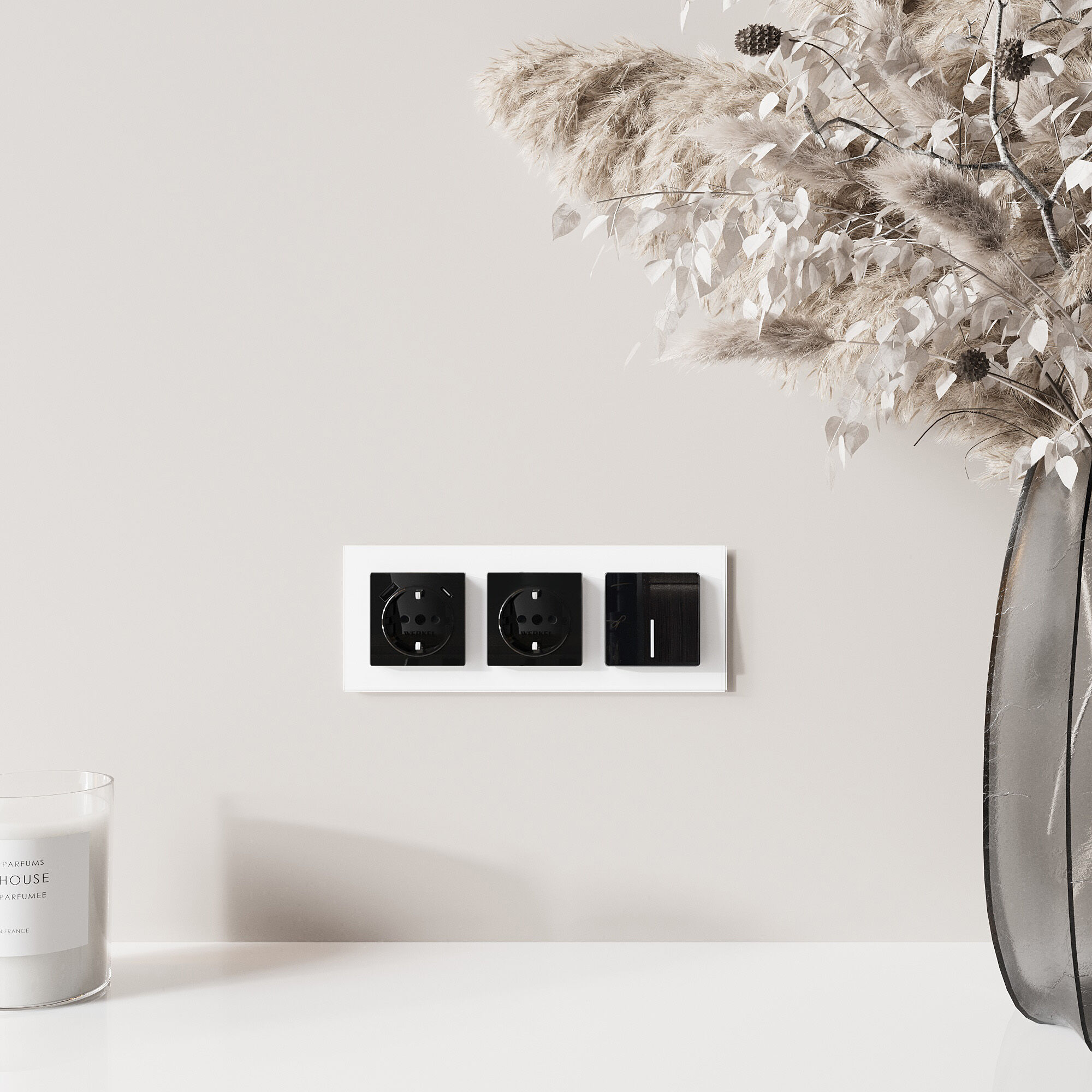 Розетка с заземлением, шторками и USB тип A+C (черный акрил) Werkel