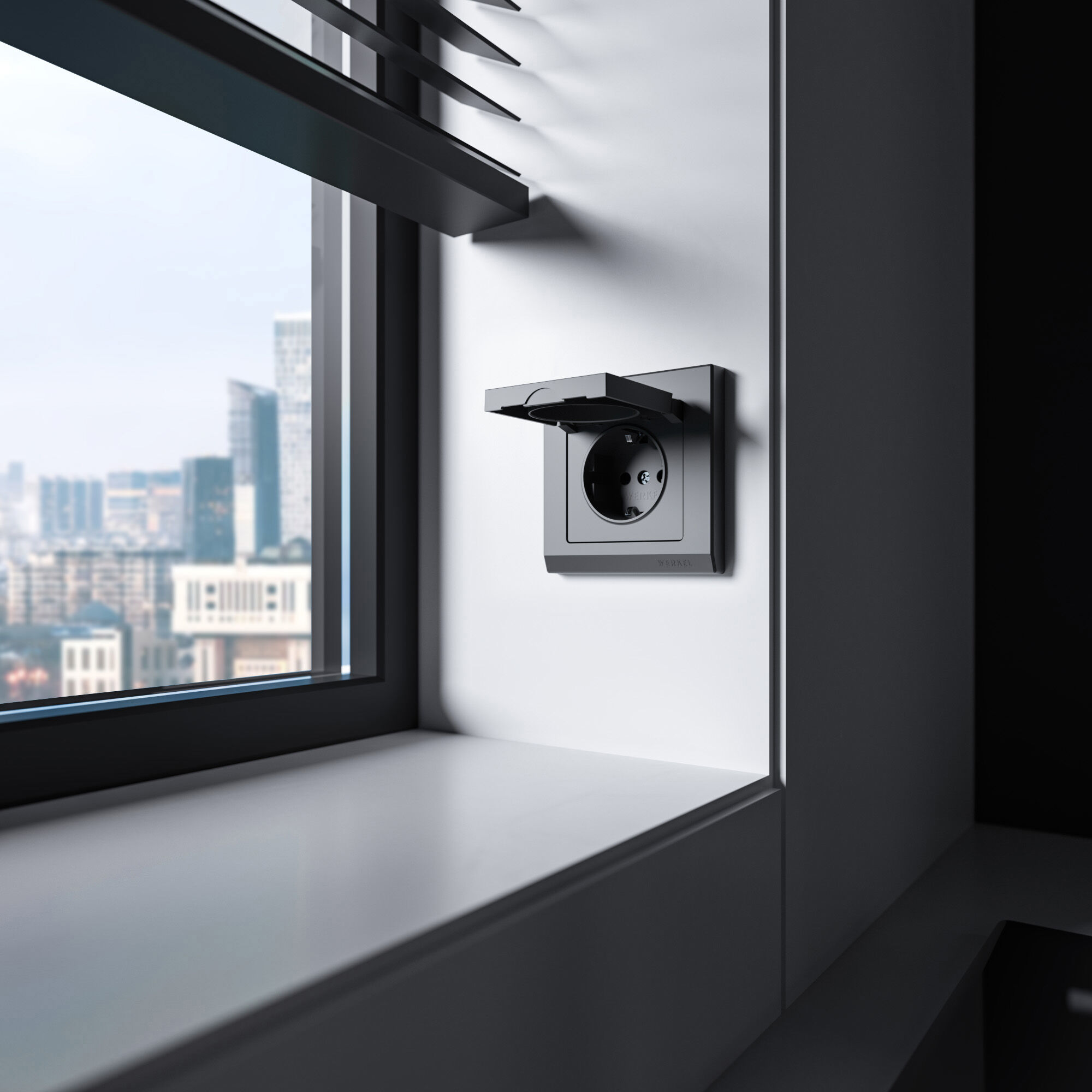 Розетка влагозащ. с зазем. с защит. крышкой и шторками N (графит матовый) Werkel