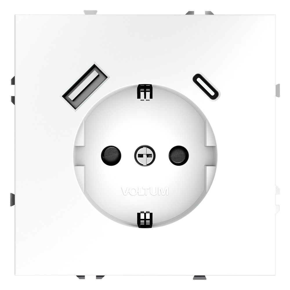 Розетка встраиваемая VOLTUM S70 с заземлением и защитными шторками, 16А, с USB, A+С, (белый матовый)