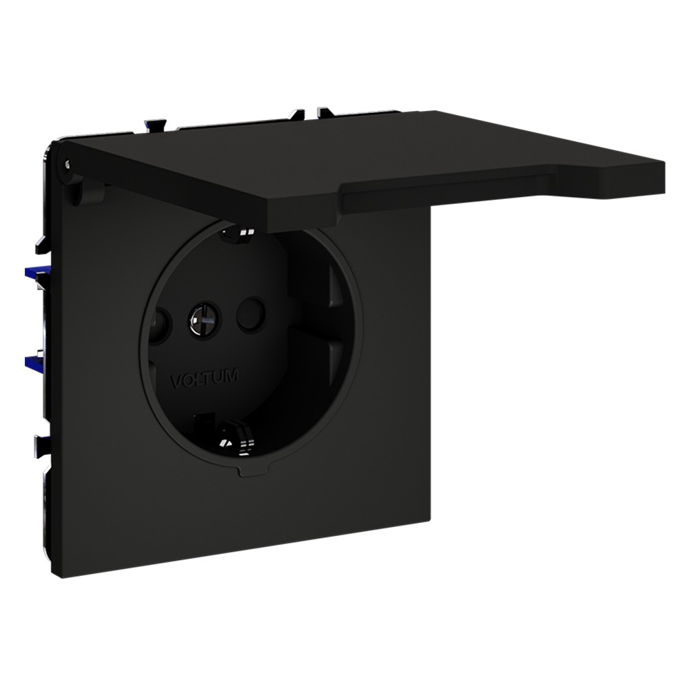 Розетка встраиваемая VOLTUM S70 с заземлением, защитными шторками и крышкой 16А, (черный матовый)