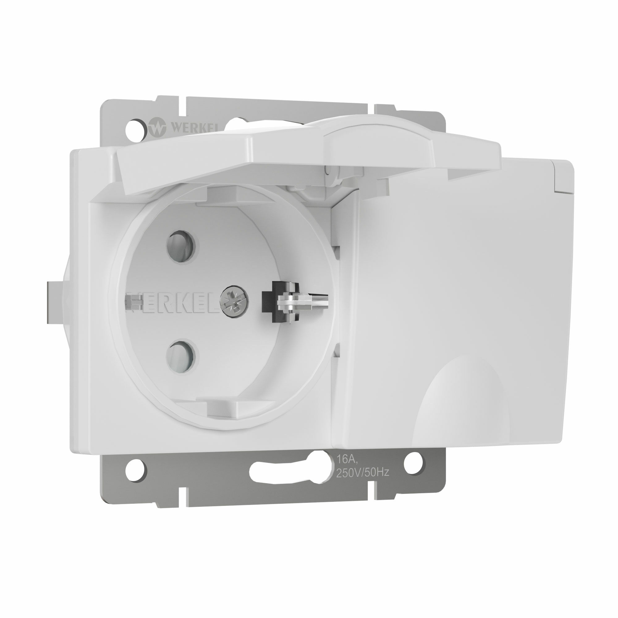 Розетка двойная влагозащ. с зазем. с защит. крышками и шторками (белый глянцевый) Werkel