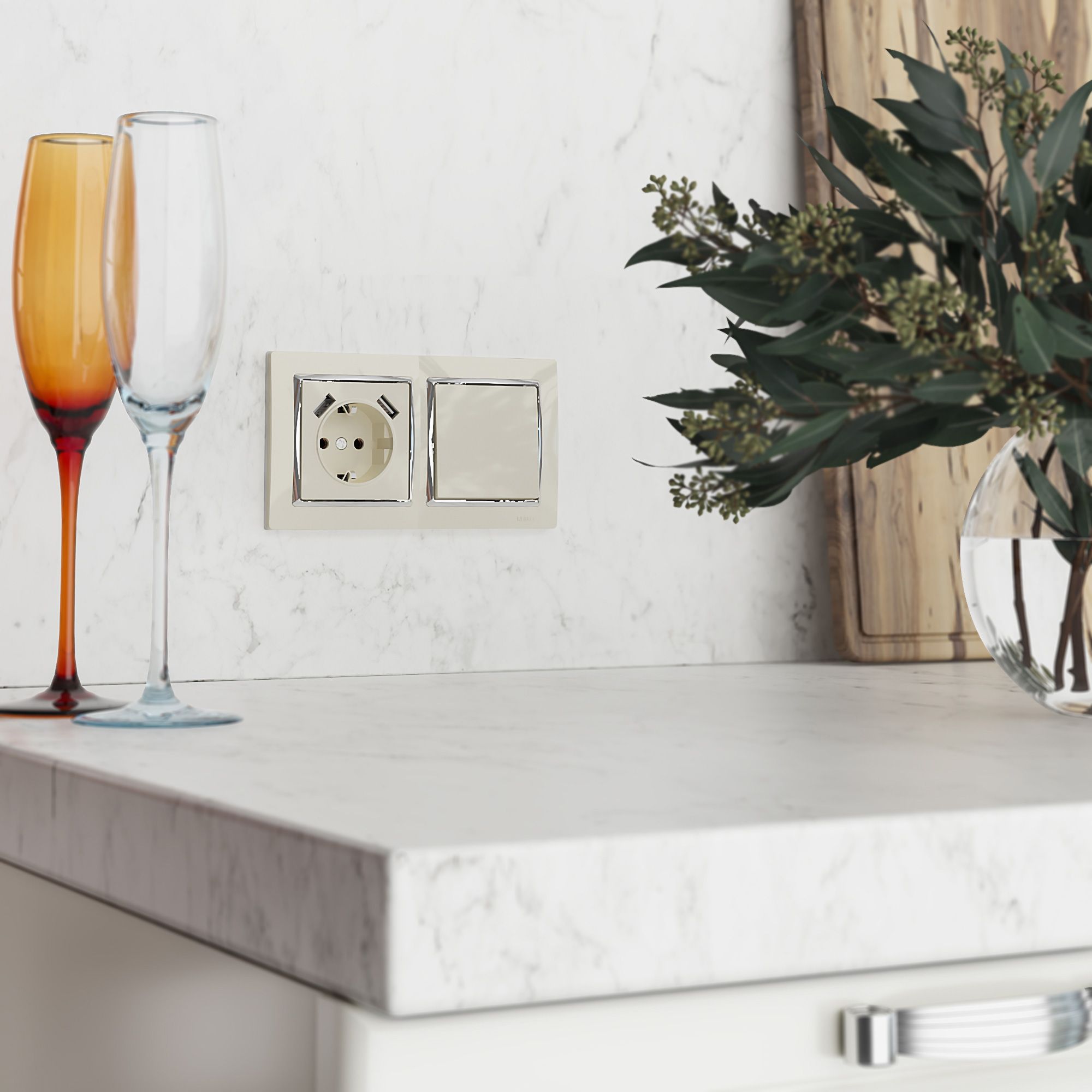 Розетка с заземлением, шторками и USBх2 (слоновая кость) Werkel