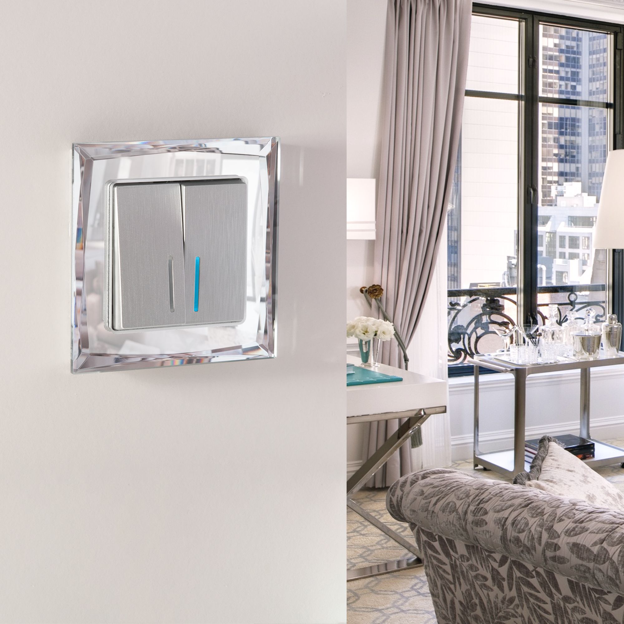 Выключатель двухклавишный с подсветкой (cеребряный рифленый) Werkel