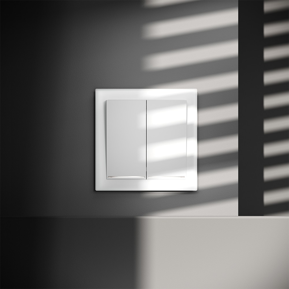 Проходной переключатель встраиваемый VOLTUM S70 двухклавишный с подсветкой 10А, (белый матовый)