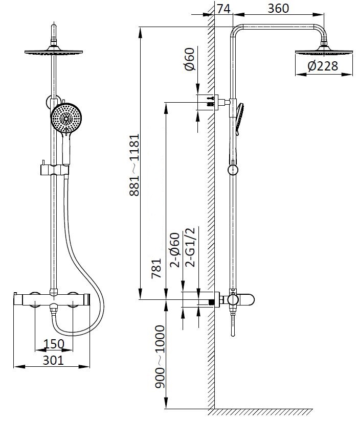 Душевая стойка Vincea Rondo VSFS-1R0GM настенная цвет вороненая сталь