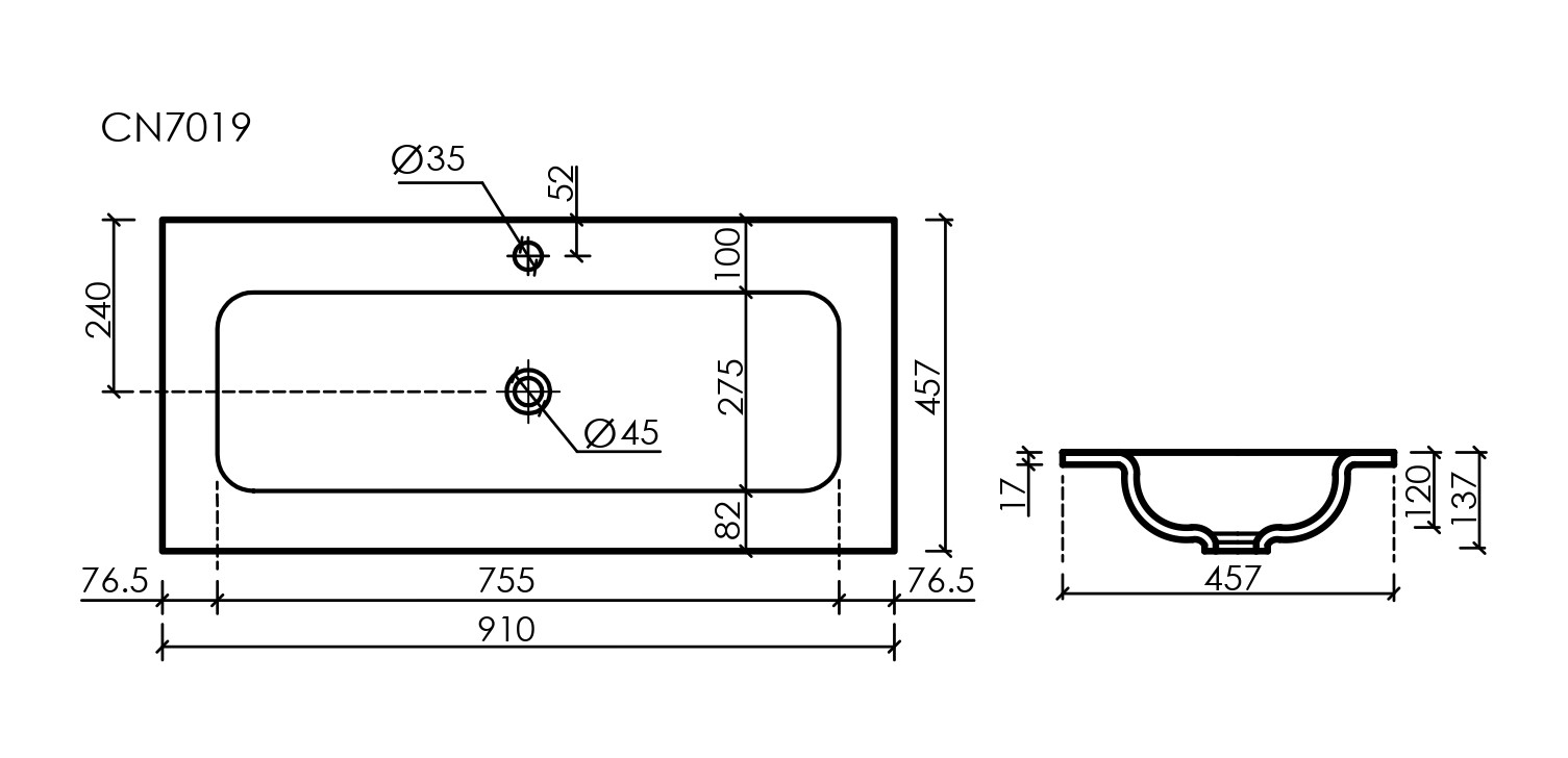 Раковина накладная мебельная прямоугольная с отверстием под смеситель CN7019