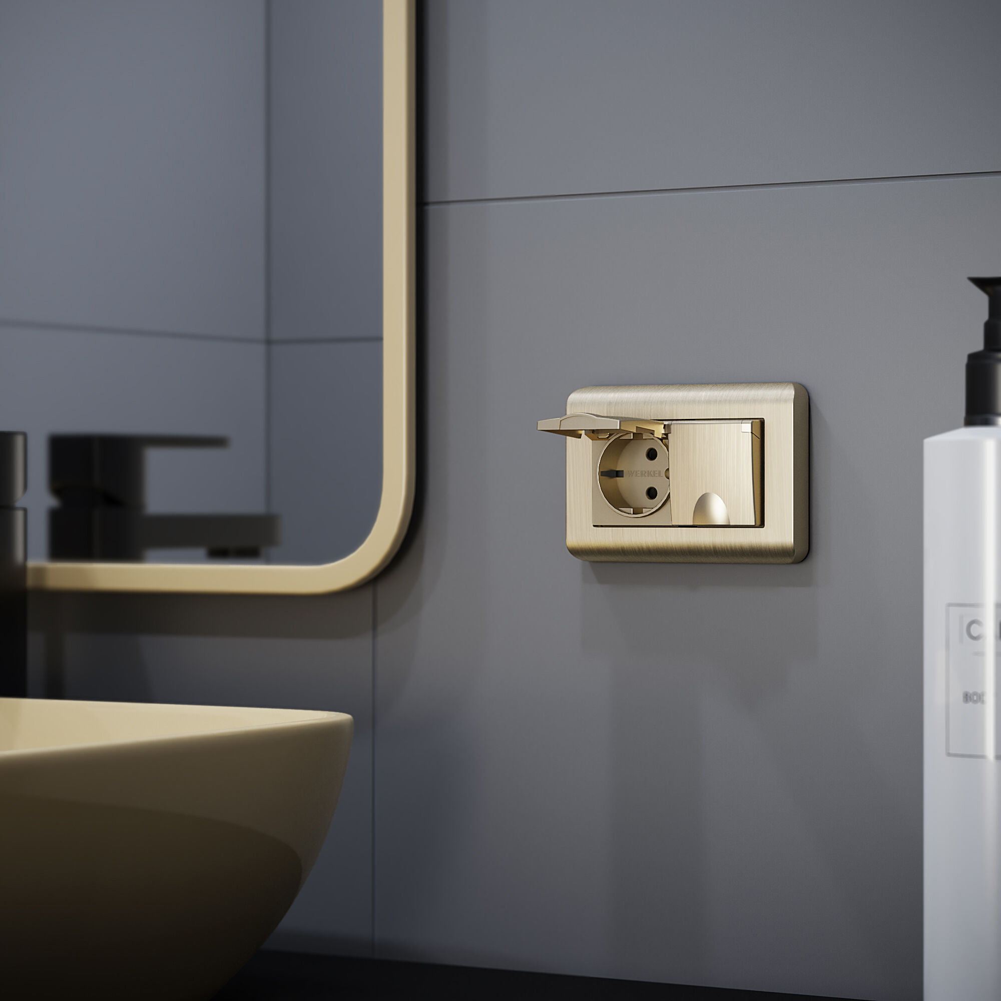 Розетка двойная влагозащ. с зазем. с защит. крышками и шторками (шампань рифленый) Werkel