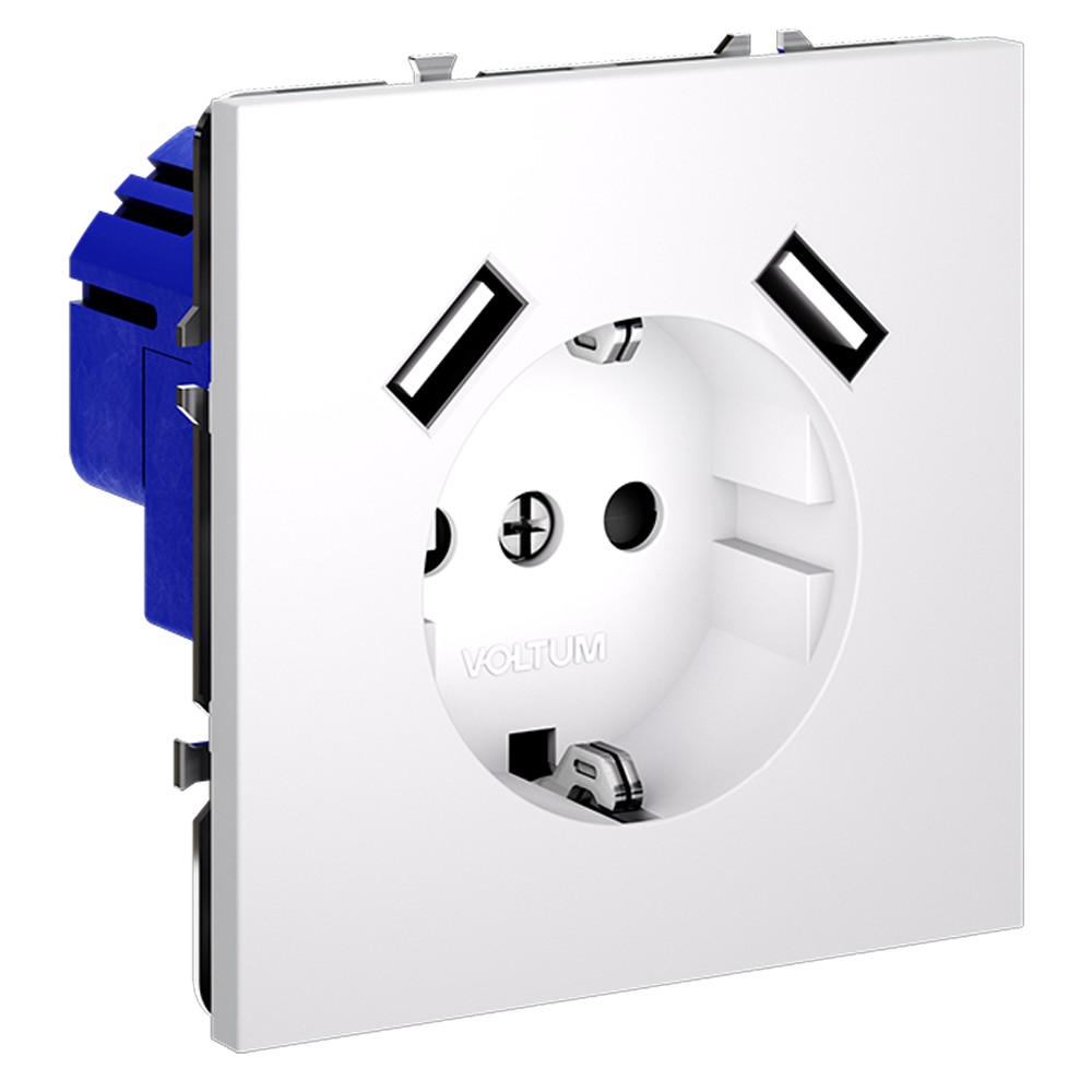 Розетка встраиваемая VOLTUM S70 с заземлением и защитными шторками, 16А, с USB, A+A, (белый матовый)