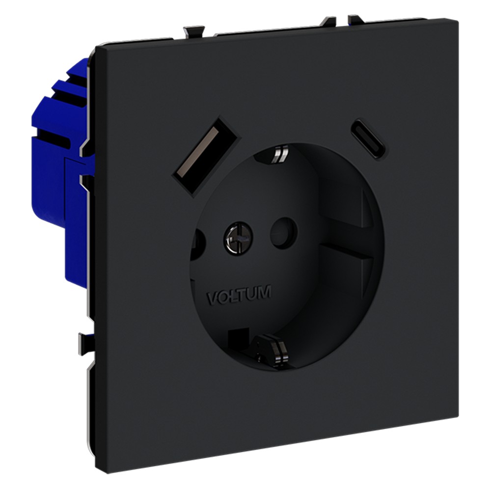 Розетка встраиваемая VOLTUM S70 с заземлением и защитными шторками, 16А, с USB, A+С, (графит)
