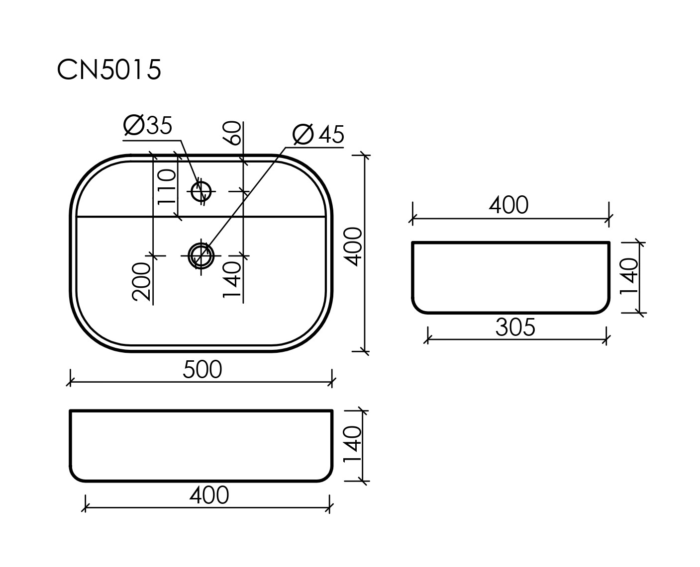 Умывальник чаша накладная прямоугольная CN5015