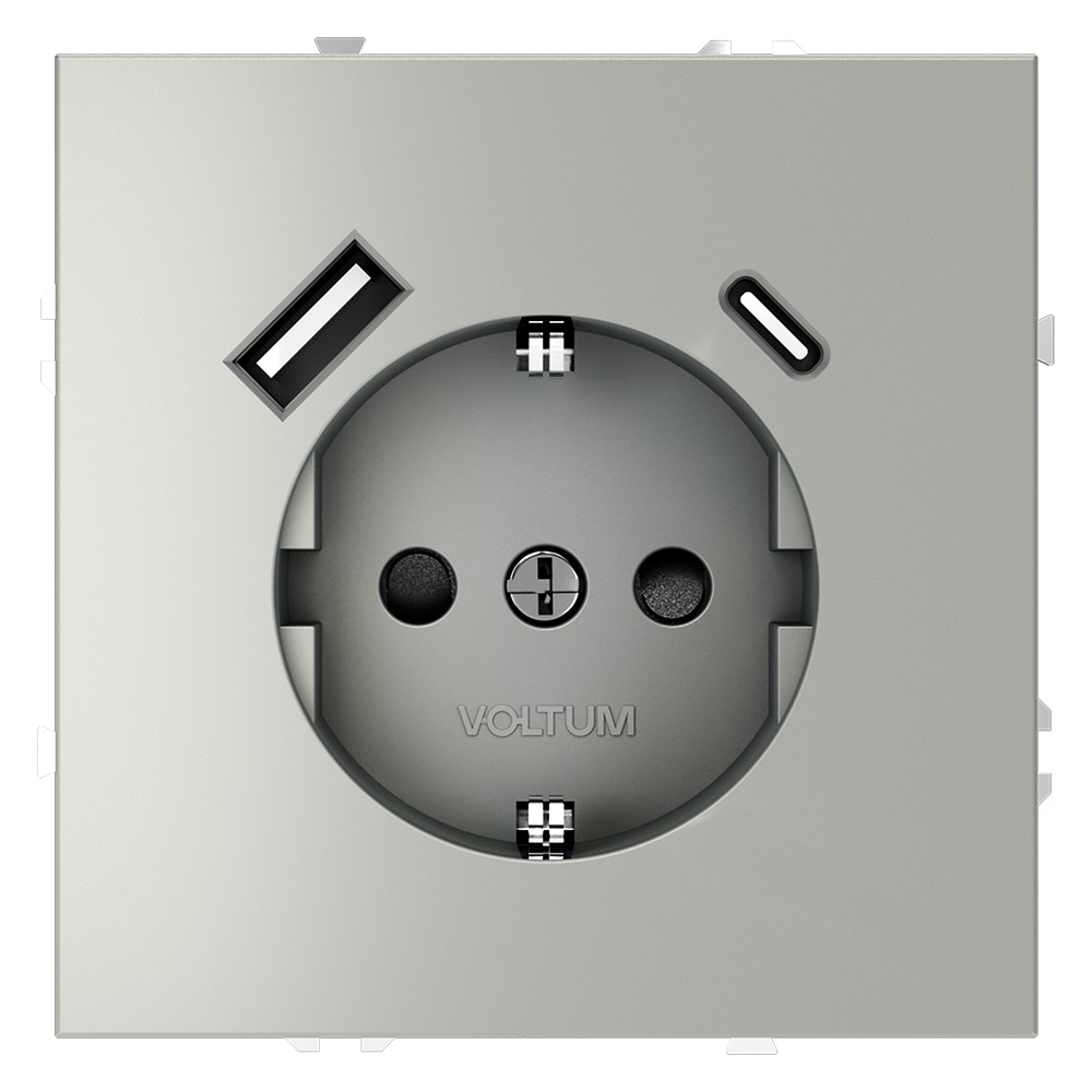 Розетка встраиваемая VOLTUM S70 с заземлением и защитными шторками, 16А, с USB, A+С, (сталь)