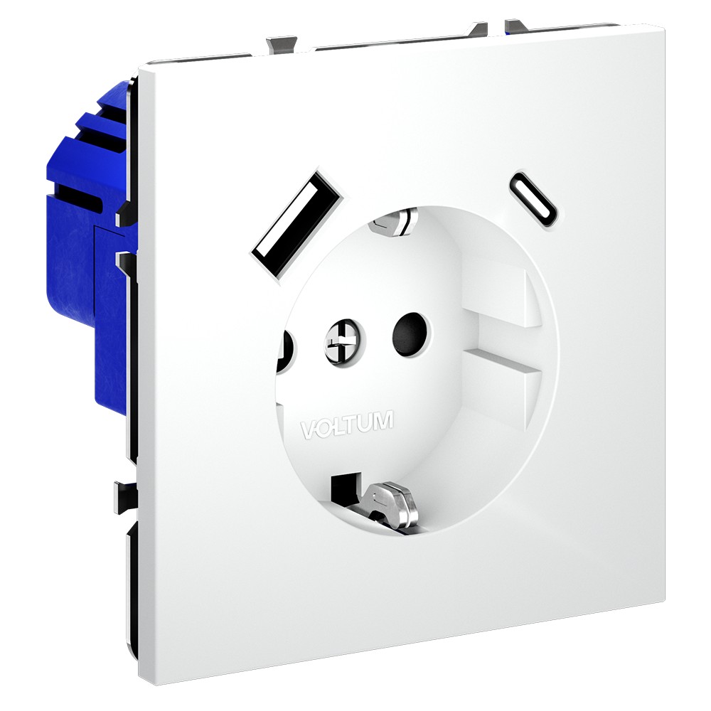 Розетка встраиваемая VOLTUM S70 с заземлением и защитными шторками, 16А, с USB, A+С, (белый матовый)