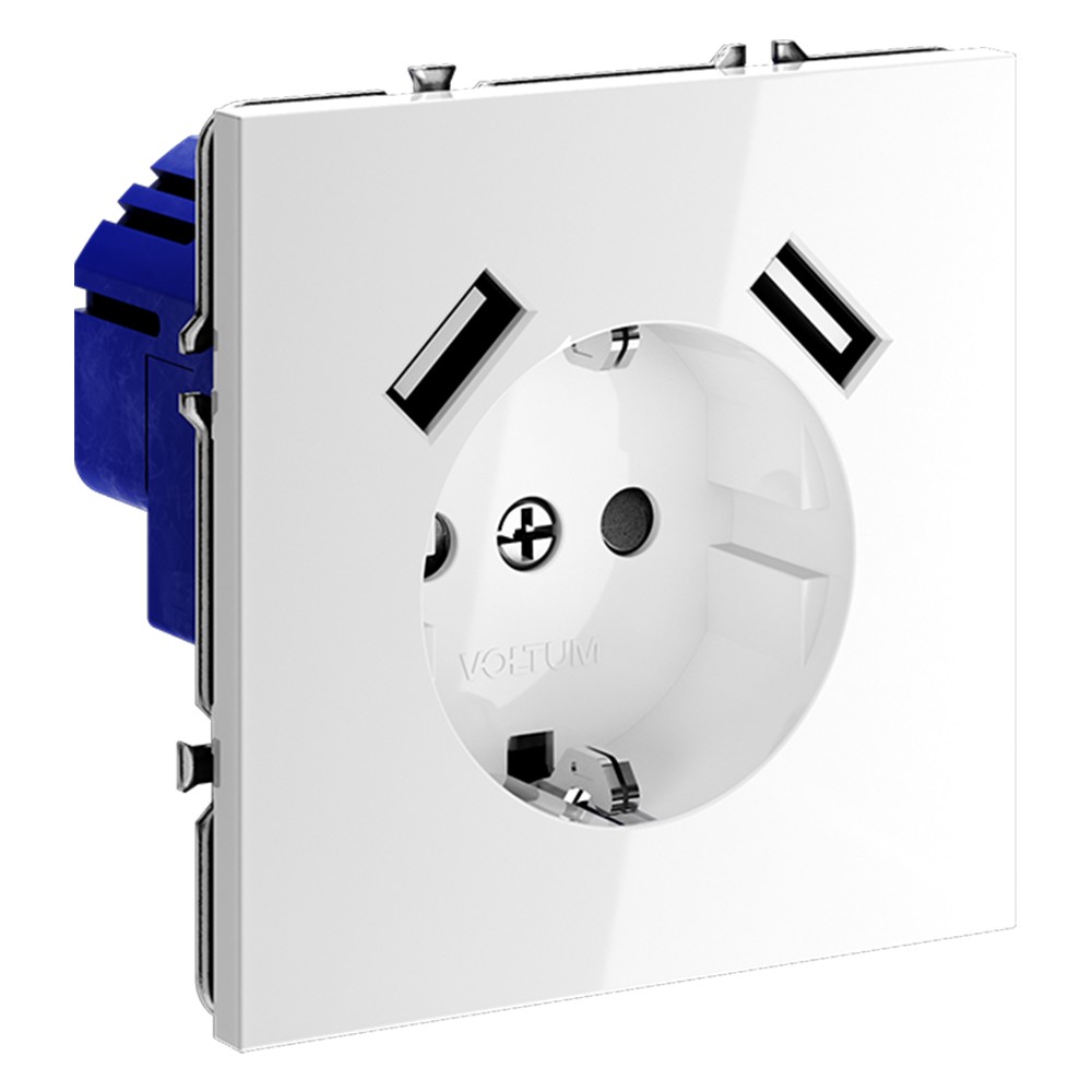 Розетка встраиваемая VOLTUM S70 с заземлением и защитными шторками, 16А, с USB, A+A, (белый глянцевый)