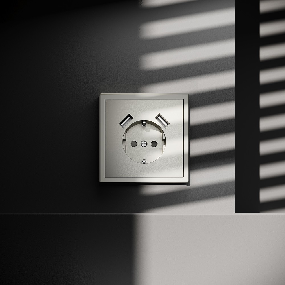 Розетка встраиваемая VOLTUM S70 с заземлением и защитными шторками, 16А, с USB, A+A, (шелк)