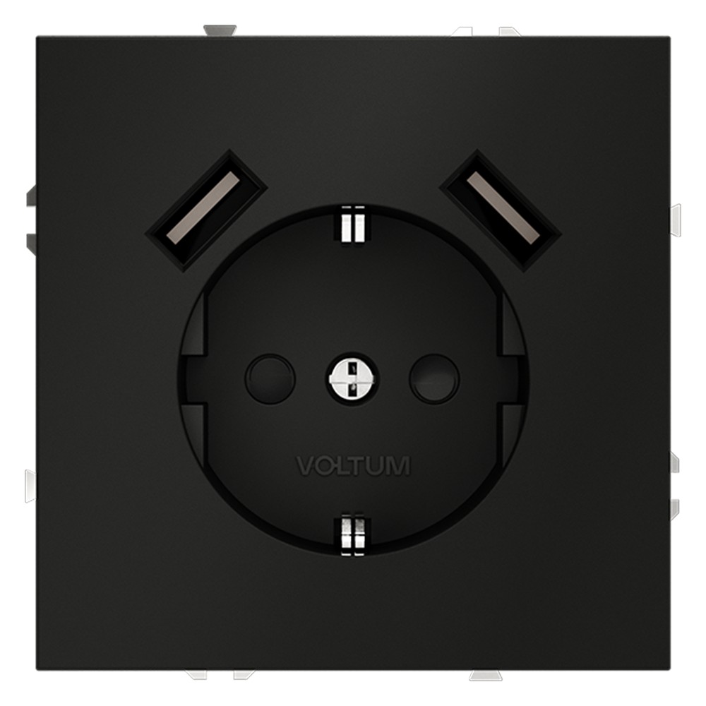 Розетка встраиваемая VOLTUM S70 с заземлением и защитными шторками, 16А, с USB, A+A, (черный матовый)
