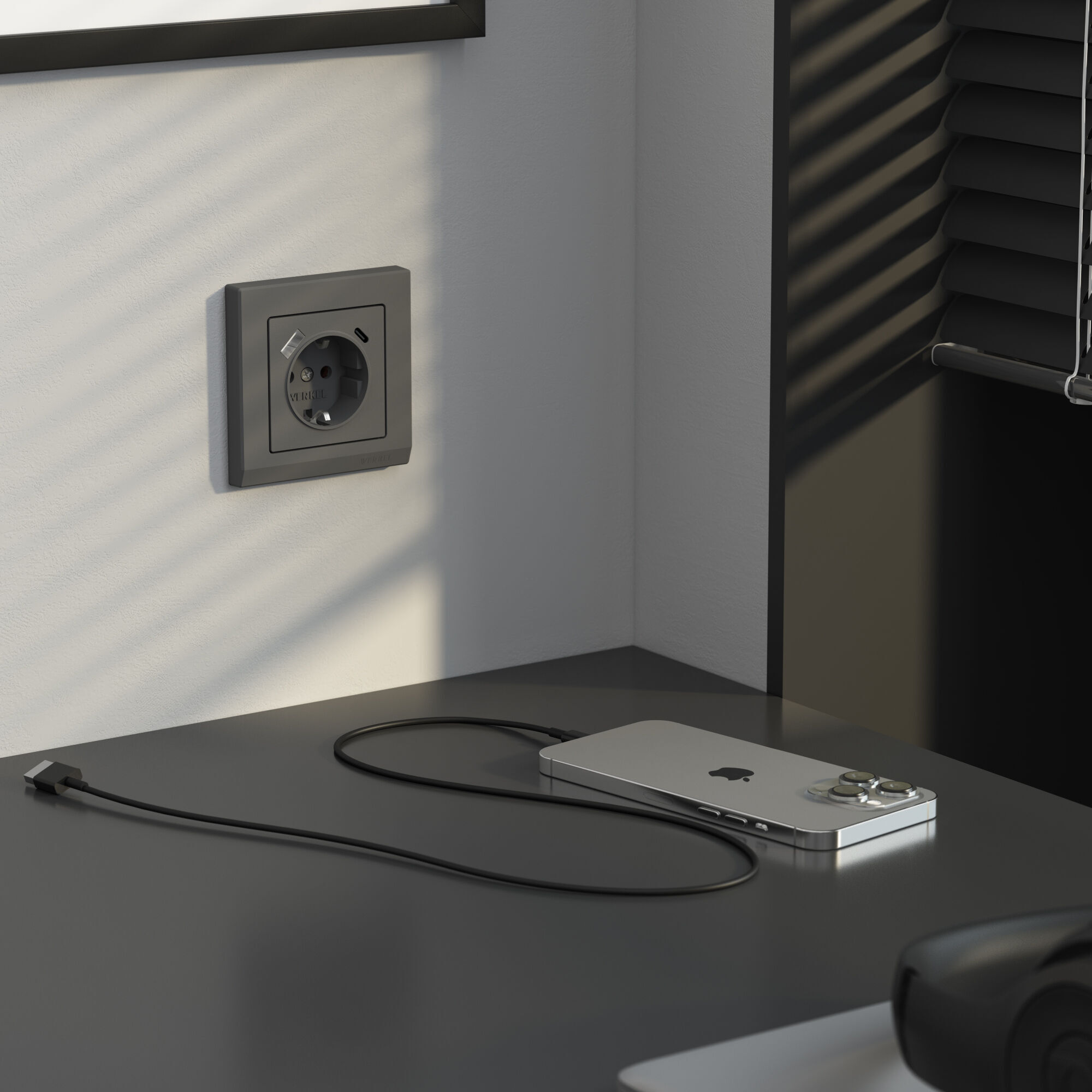 Розетка с заземлением, шторками и USB тип A+C (графит матовый) Werkel