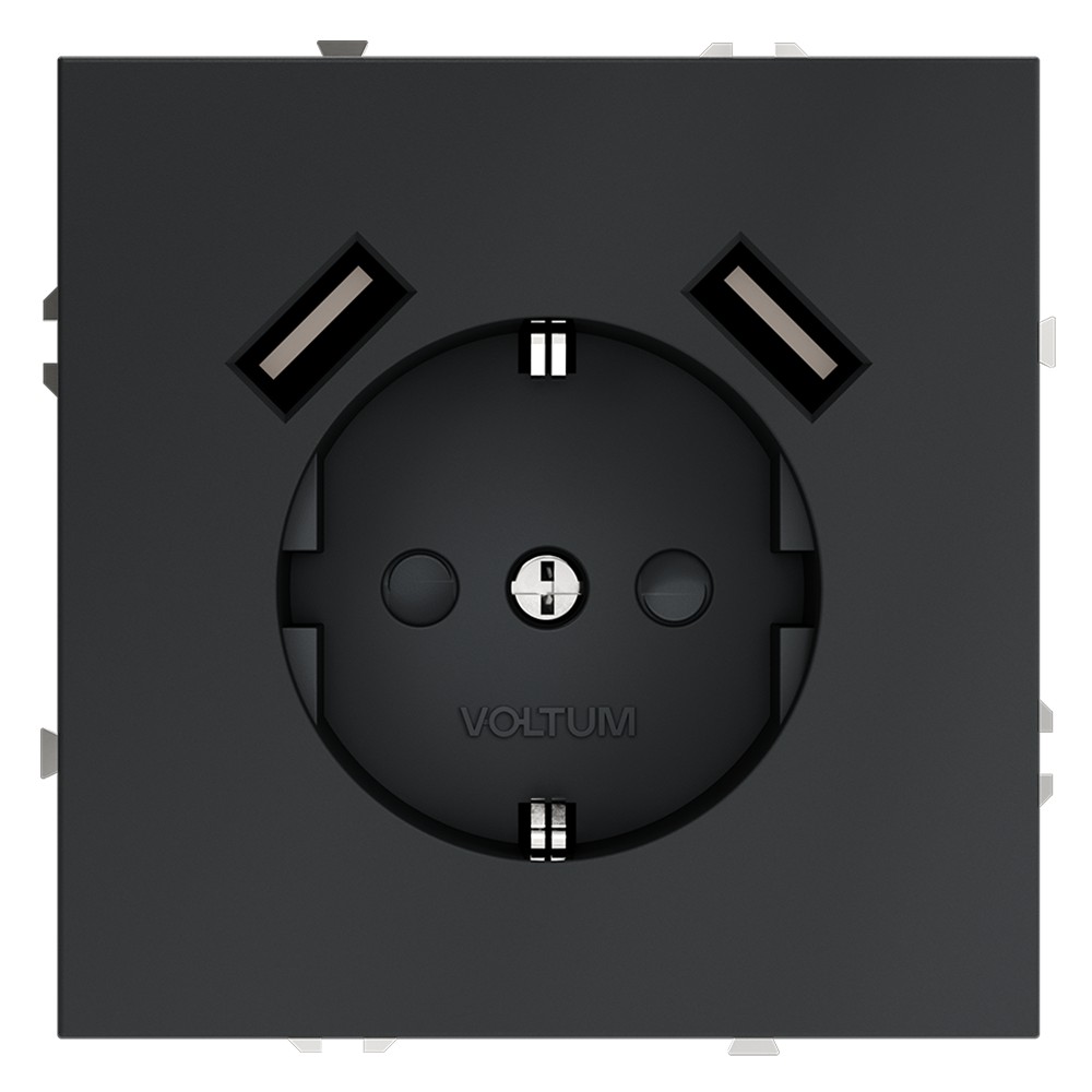Розетка встраиваемая VOLTUM S70 с заземлением и защитными шторками, 16А, с USB, A+A, (графит)