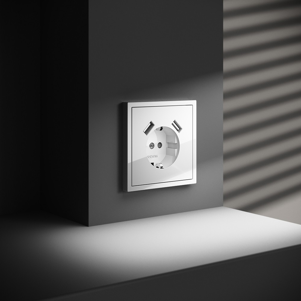 Розетка встраиваемая VOLTUM S70 с заземлением и защитными шторками, 16А, с USB, A+A, (белый глянцевый)