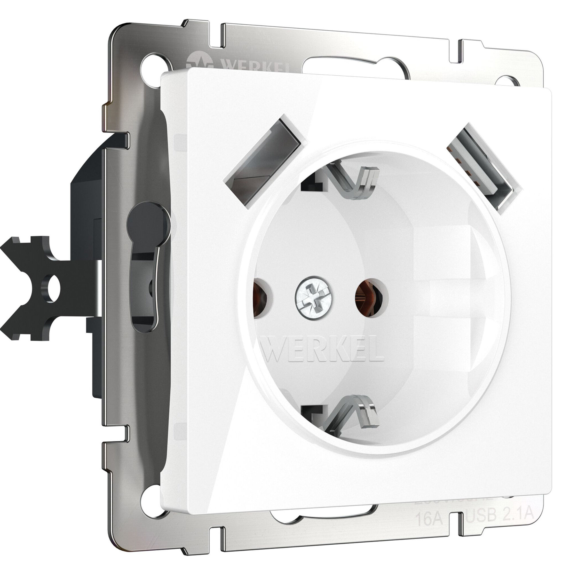 Розетка с заземлением, шторками и USBх2 (белая глянцевая) Werkel