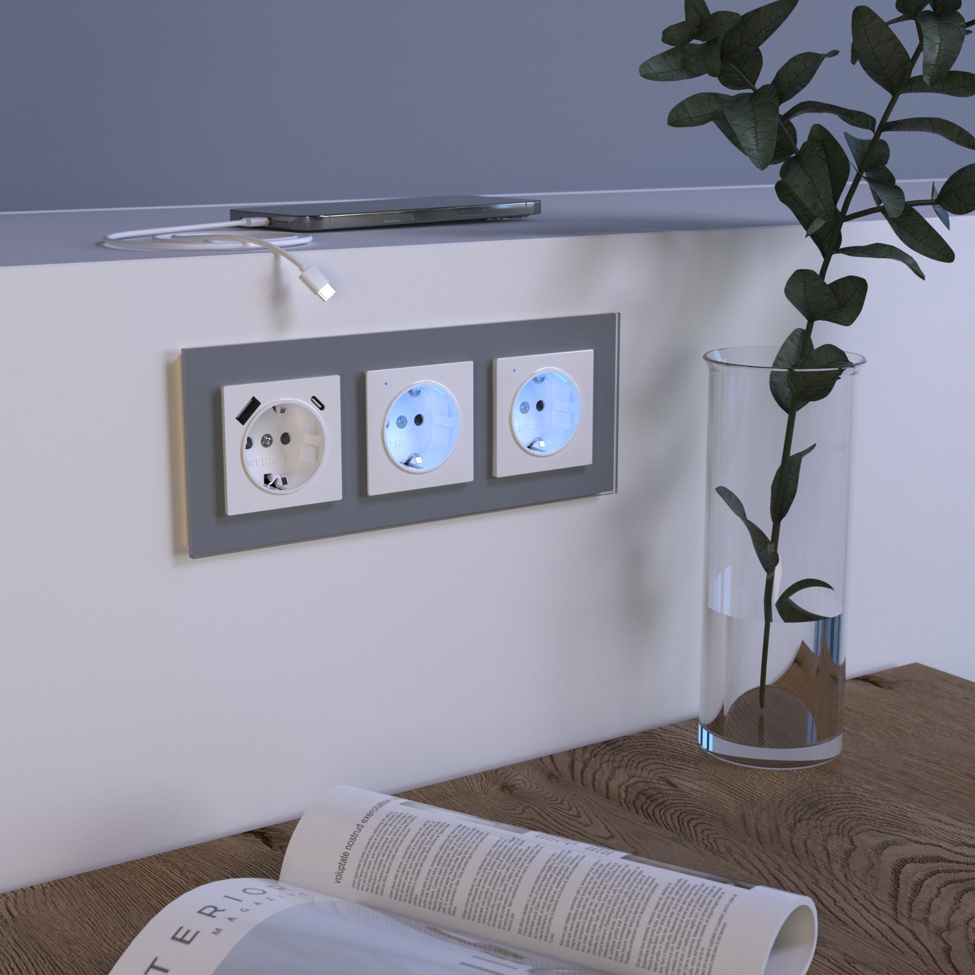 Розетка с быстрой зарядкой USB Type A+С (белая глянцевая) Werkel