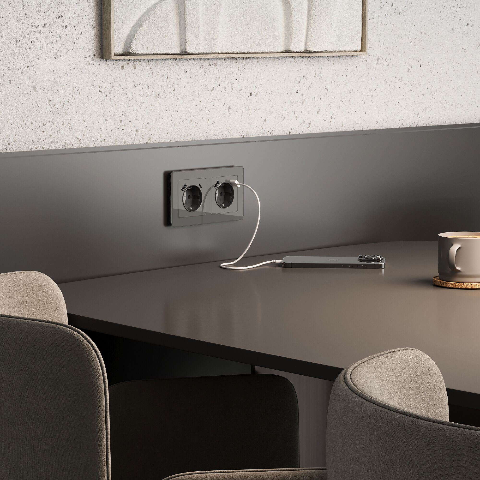 Розетка с заземлением, шторками и USB тип A+C (графит акрил) Werkel