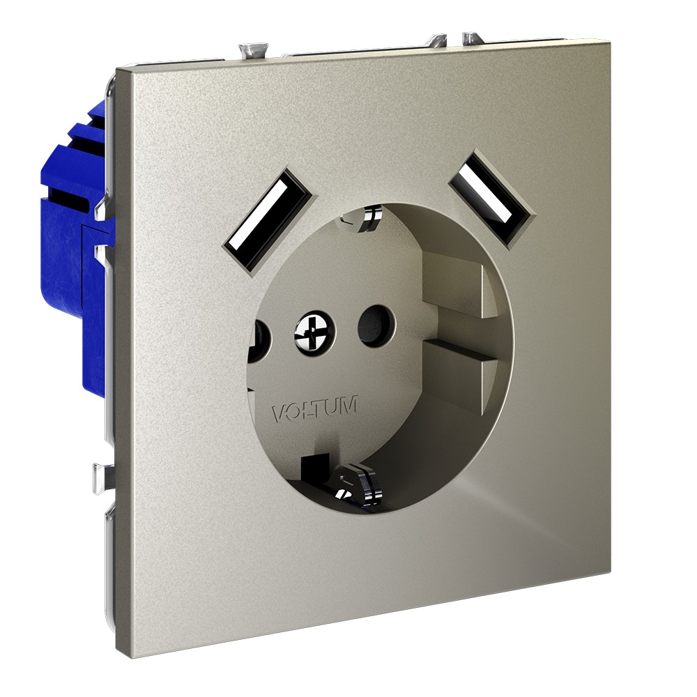 Розетка встраиваемая VOLTUM S70 с заземлением и защитными шторками, 16А, с USB, A+A, (шелк)