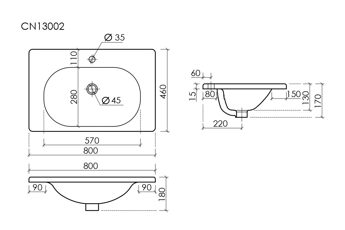Раковина накладная с отверстием под смеситель CN13002