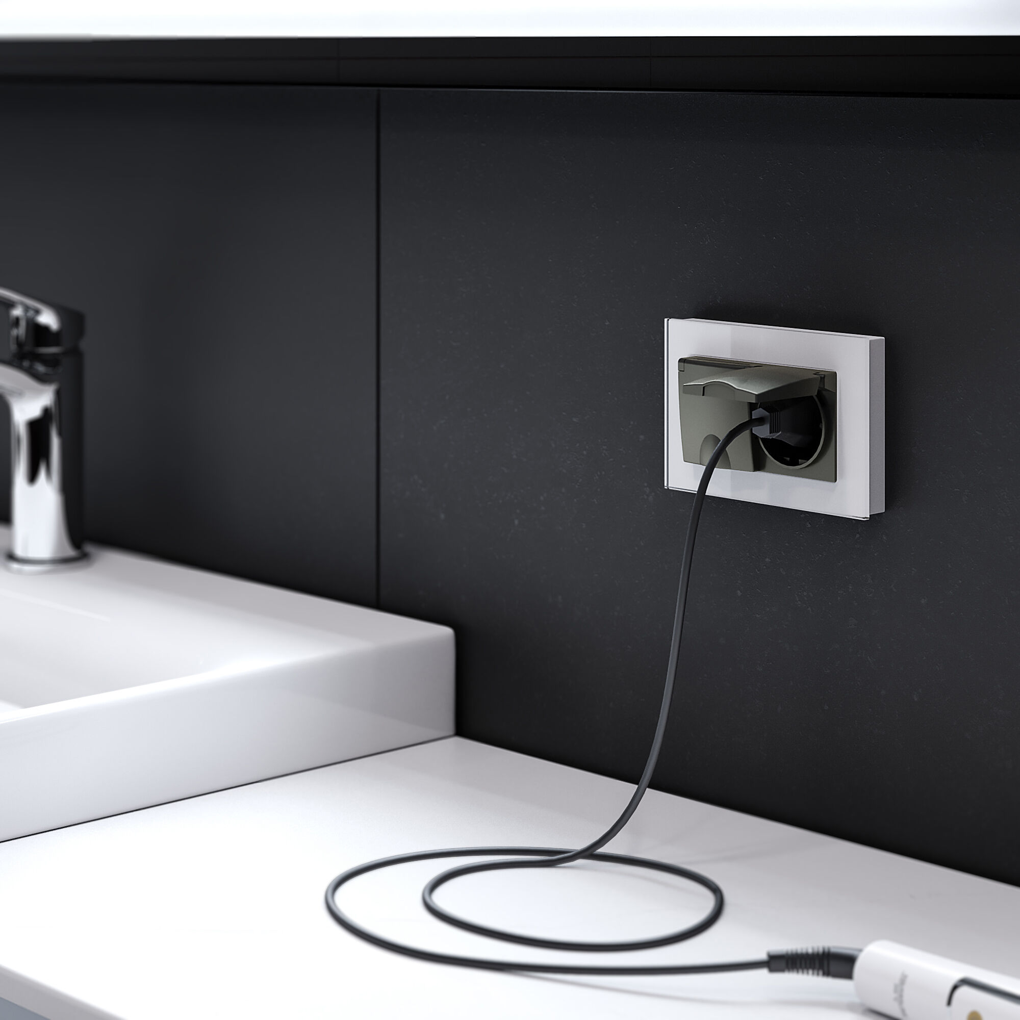 Розетка двойная влагозащ. с зазем. с защит. крышками и шторками (черный матовый) Werkel