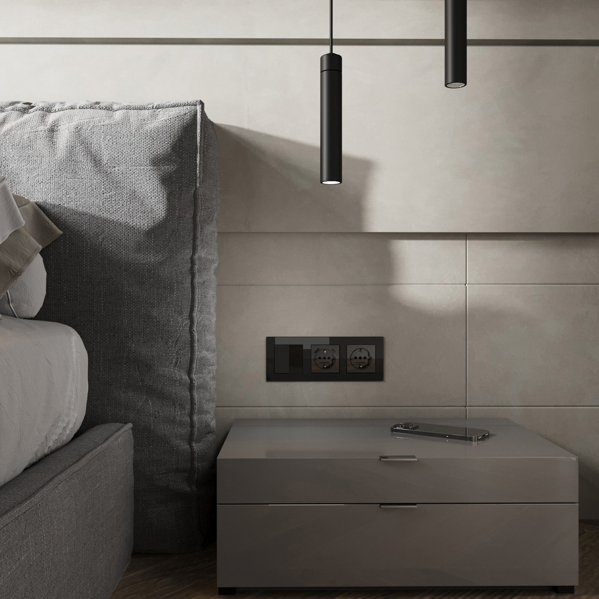 Розетка с заземлением, шторками и USB тип A+C (черный акрил) Werkel