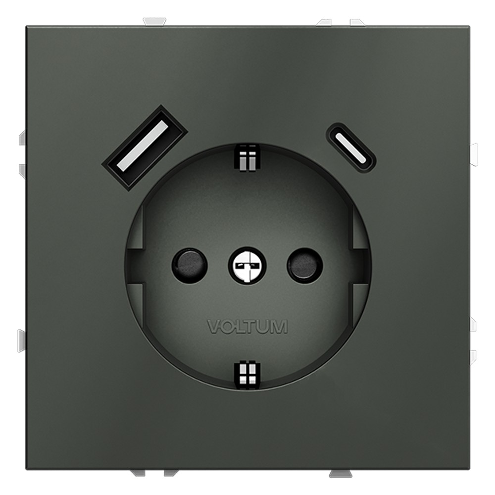 Розетка встраиваемая VOLTUM S70 с заземлением и защитными шторками, 16А, с USB, A+С, (титан)