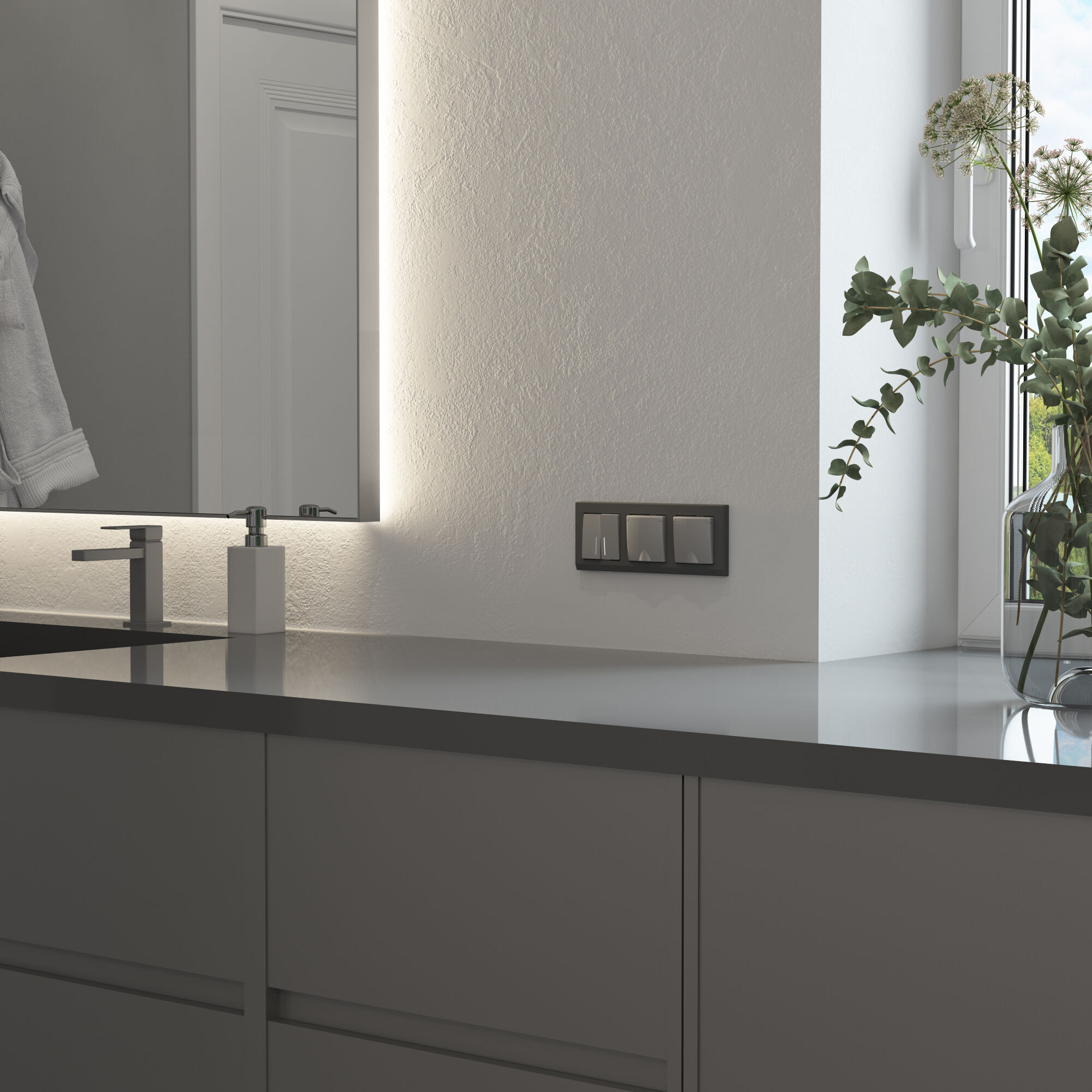 Выключатель двухклавишный проходной с подсветкой (серебряный матовый) Werkel