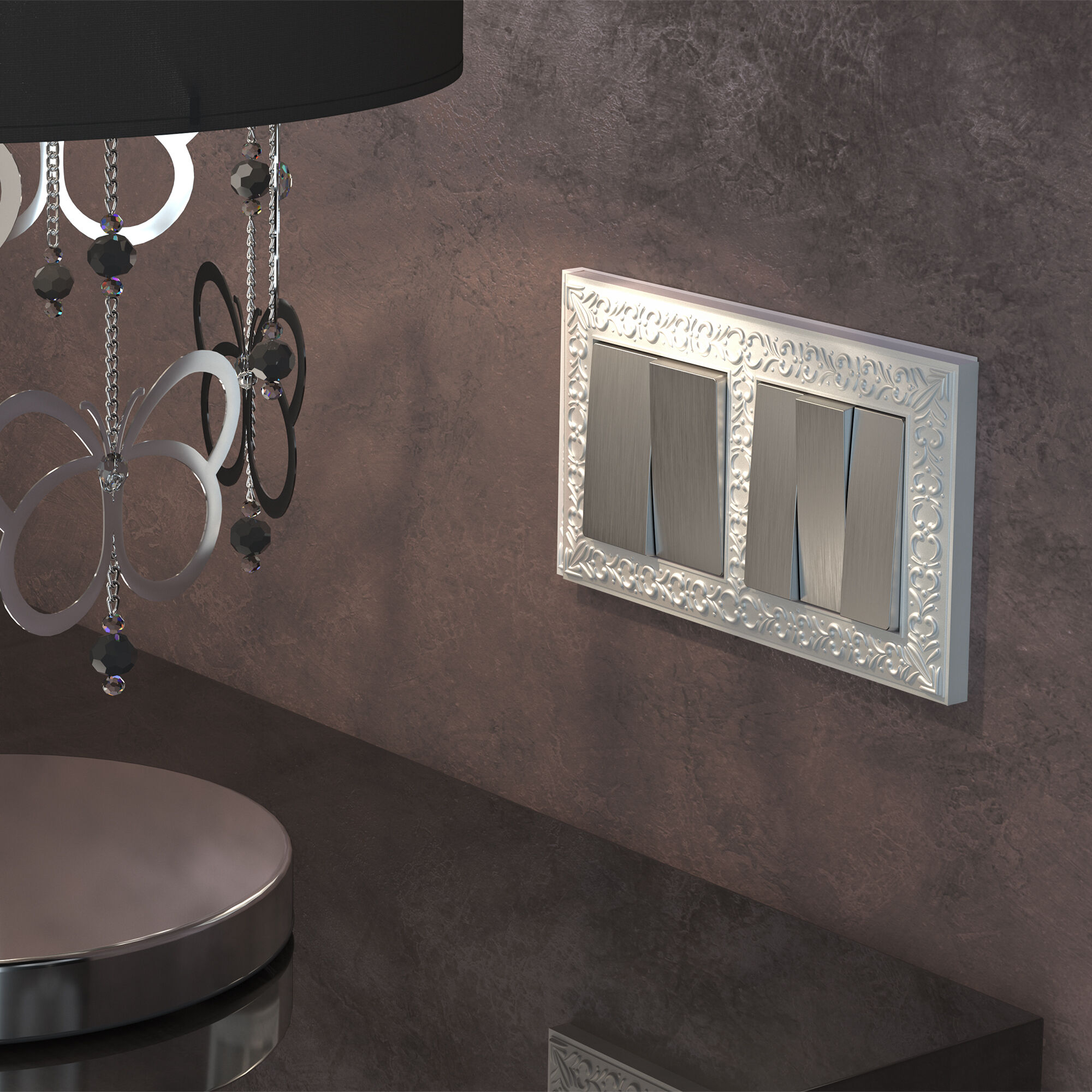 Выключатель двухклавишный проходной (cеребряный рифленый) Werkel