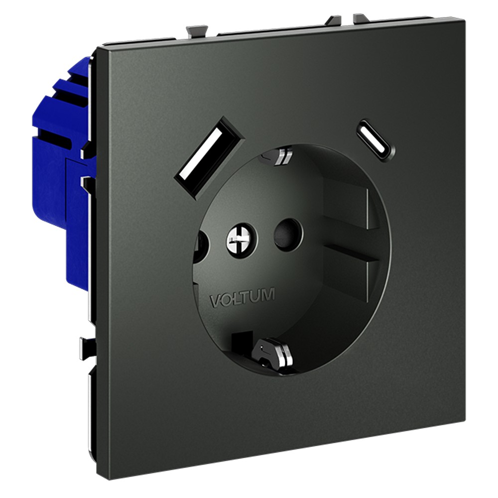 Розетка встраиваемая VOLTUM S70 с заземлением и защитными шторками, 16А, с USB, A+С, (титан)