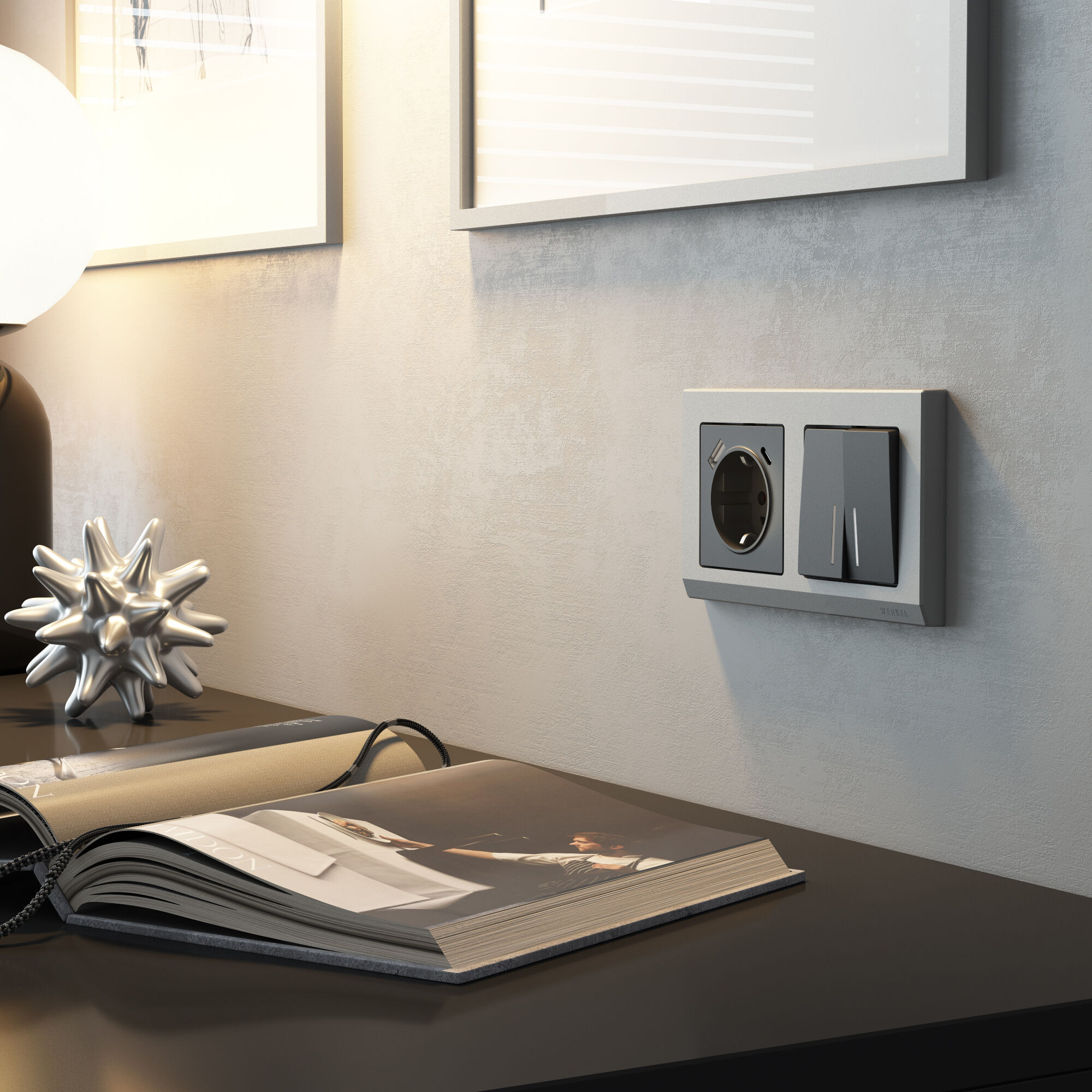 Выключатель двухклавишный проходной с подсветкой (графит матовый) Werkel