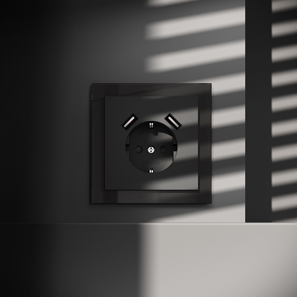 Розетка встраиваемая VOLTUM S70 с заземлением и защитными шторками, 16А, с USB, A+A, (черный матовый)
