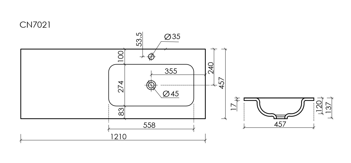 Раковина накладная мебельная прямоугольная с чашей справа и отверстием под смеситель CN7021