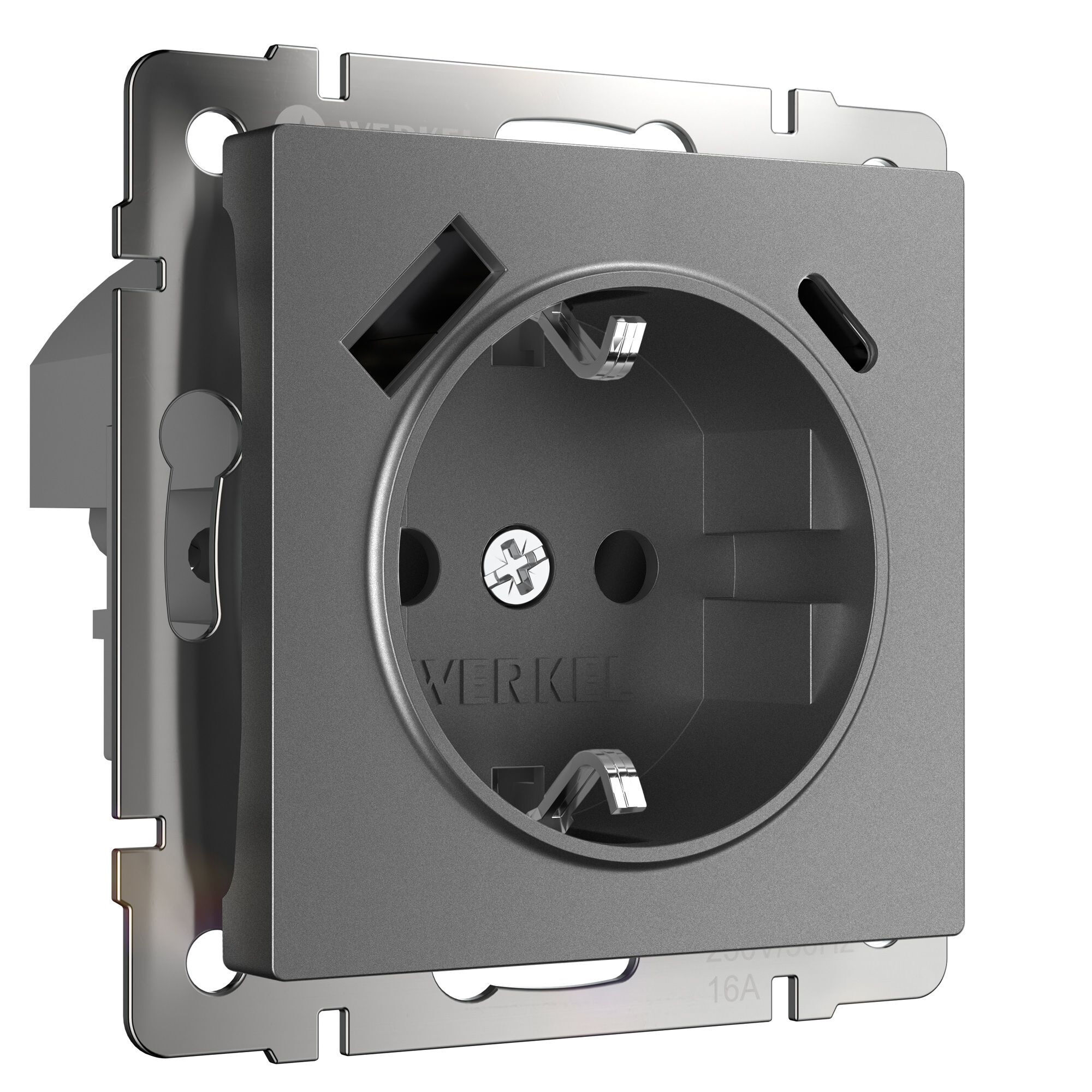 Розетка с заземлением, шторками и USB тип A+C (графит матовый) Werkel