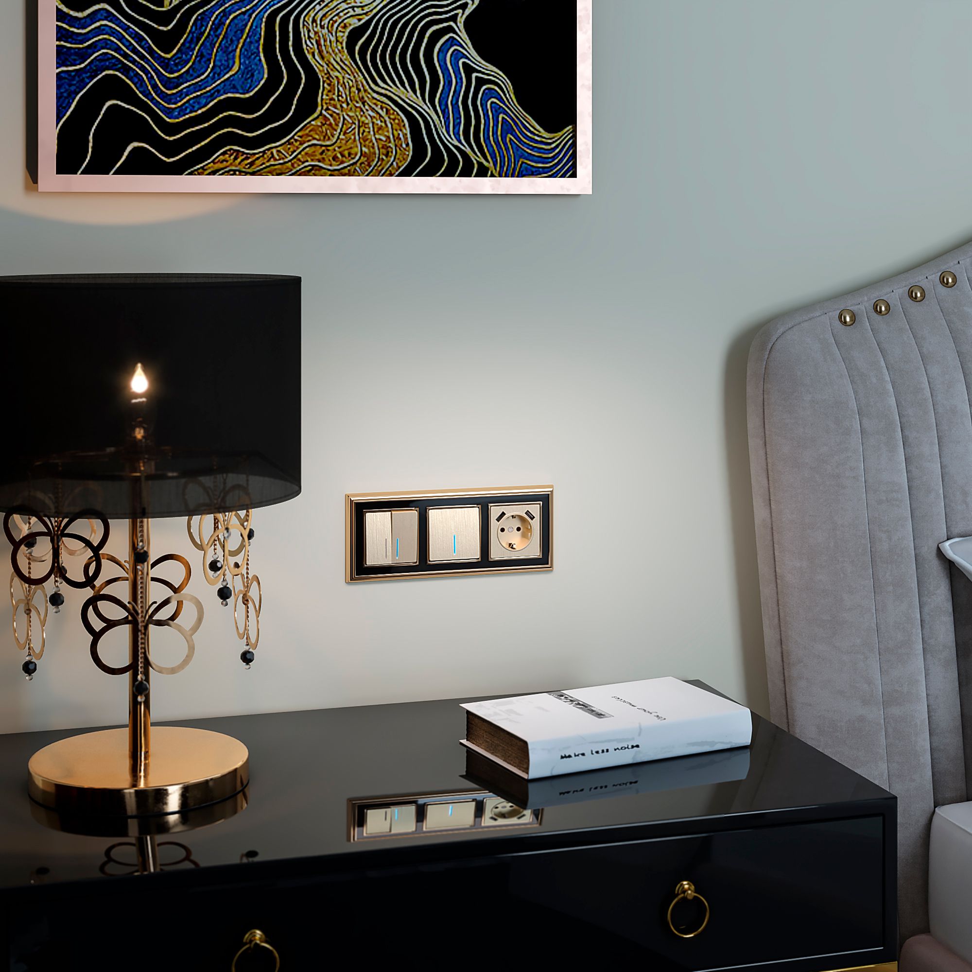 Выключатель двухклавишный с подсветкой (шампань рифленый) Werkel