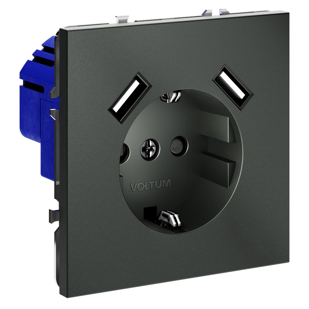 Розетка встраиваемая VOLTUM S70 с заземлением и защитными шторками, 16А, с USB, A+A, (титан)