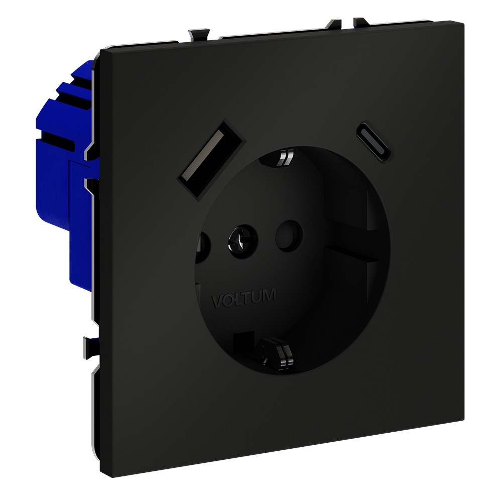 Розетка встраиваемая VOLTUM S70 с заземлением и защитными шторками, 16А, с USB, A+С, (черный матовый)