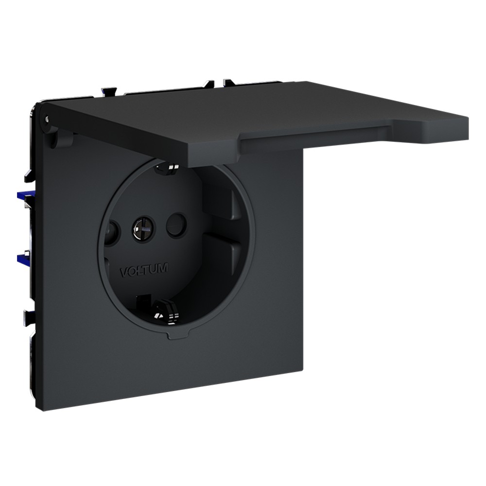 Розетка встраиваемая VOLTUM S70 с заземлением, защитными шторками и крышкой 16А, (графит)