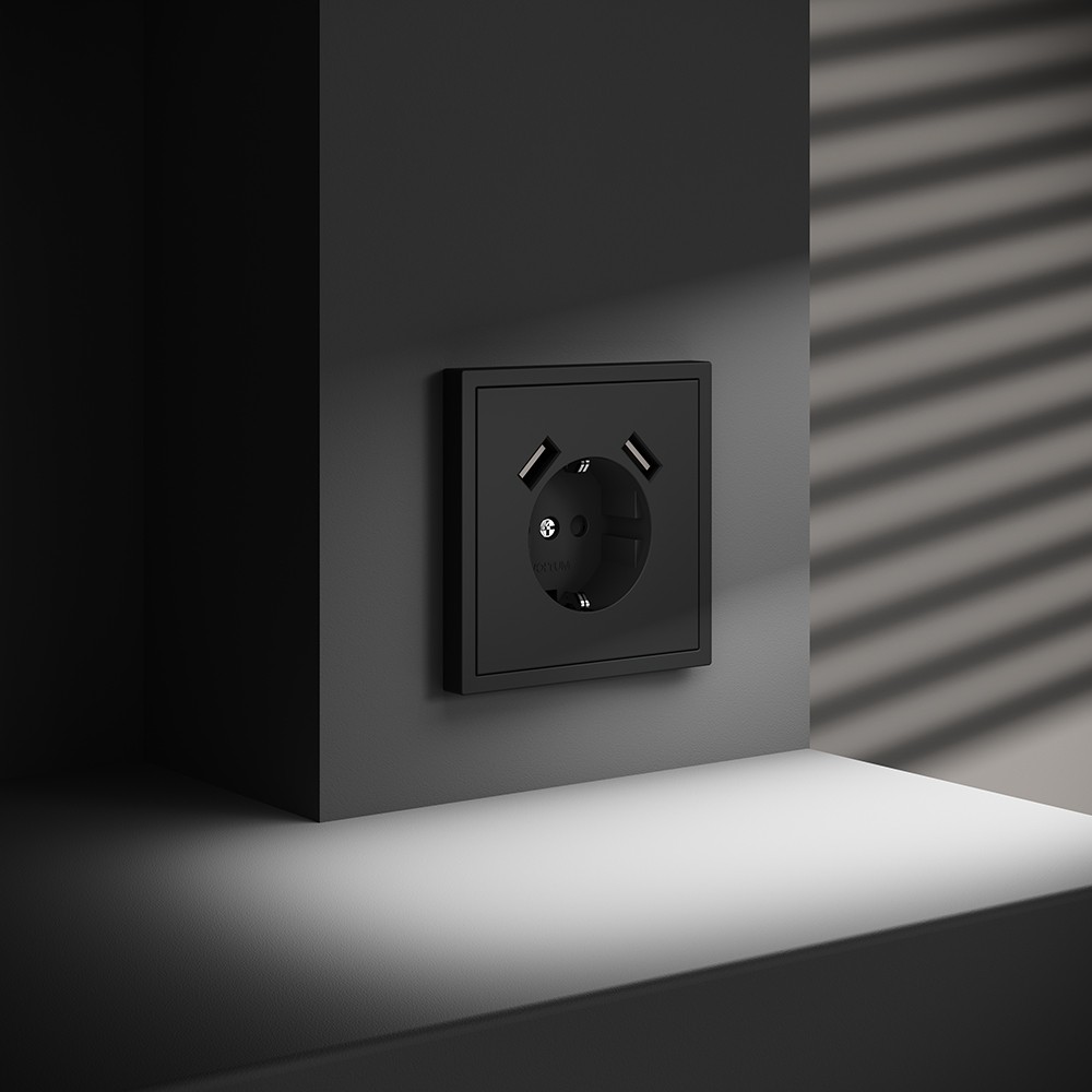 Розетка встраиваемая VOLTUM S70 с заземлением и защитными шторками, 16А, с USB, A+A, (черный матовый)