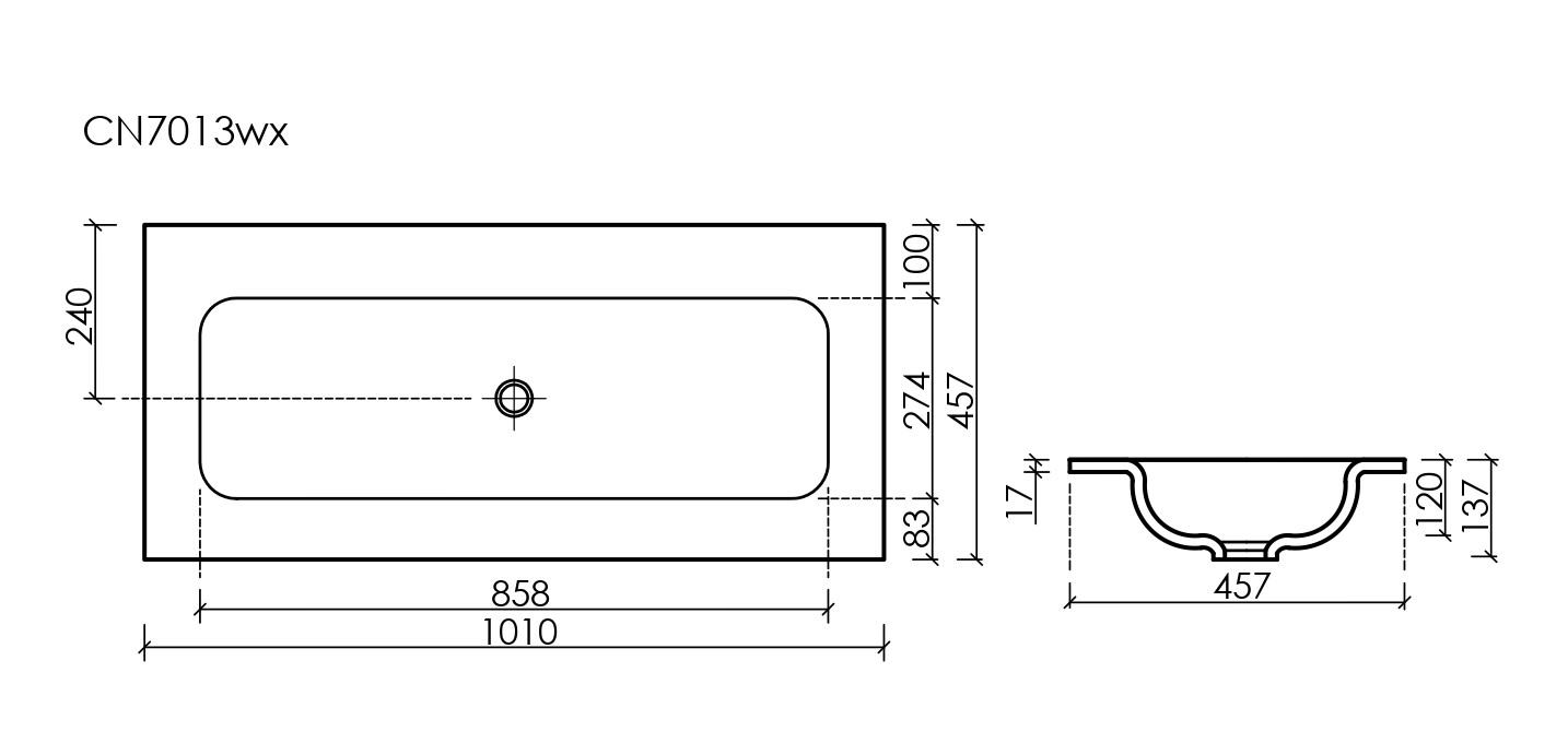 Раковина накладная прямоугольная, без отверстия под смеситель CN7013wx