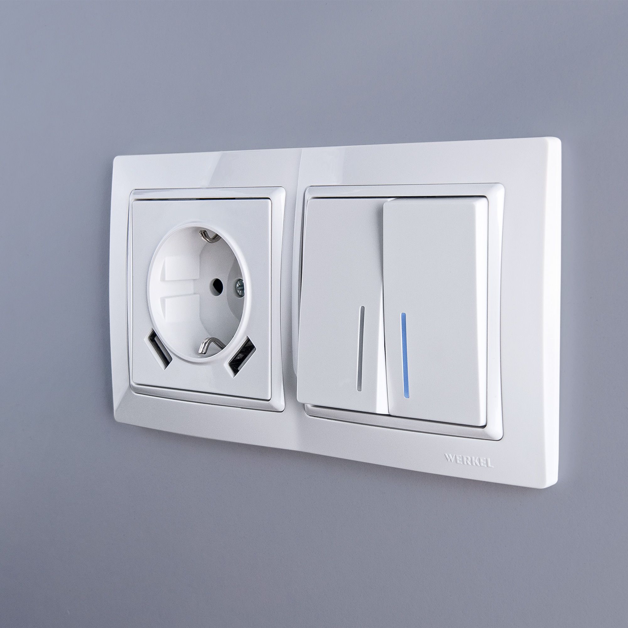 Выключатель двухклавишный проходной с подсветкой (белый глянцевый) Werkel