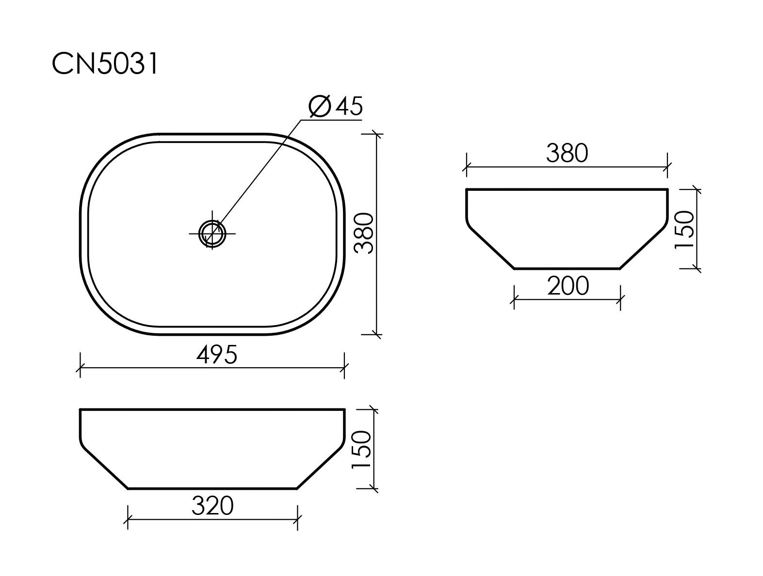 Умывальник чаша накладная прямоугольная CN5031